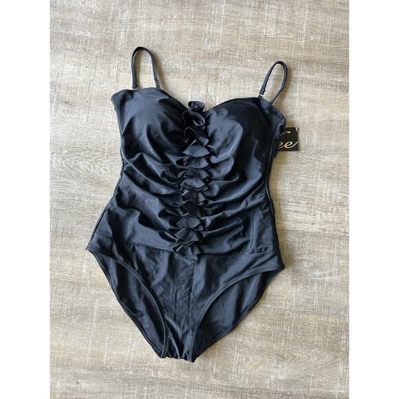 Vee Other - ▶️ Black One Piece Swimsuit Womens 22 Plus Ruffle Bandeau Convertible Resort NWT